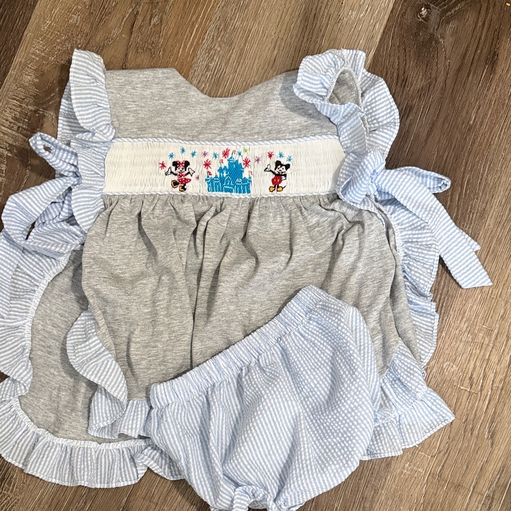Disney Gray & Light Blue Ruffle Dress Set with Embroidered Mickey